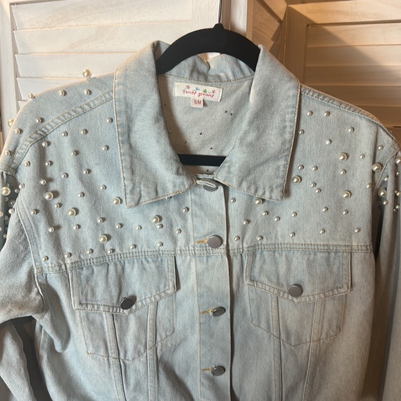 Sweet Generis Light Blue Cropped Denim Jacket With Pearl Accents - Picture 2 of 5